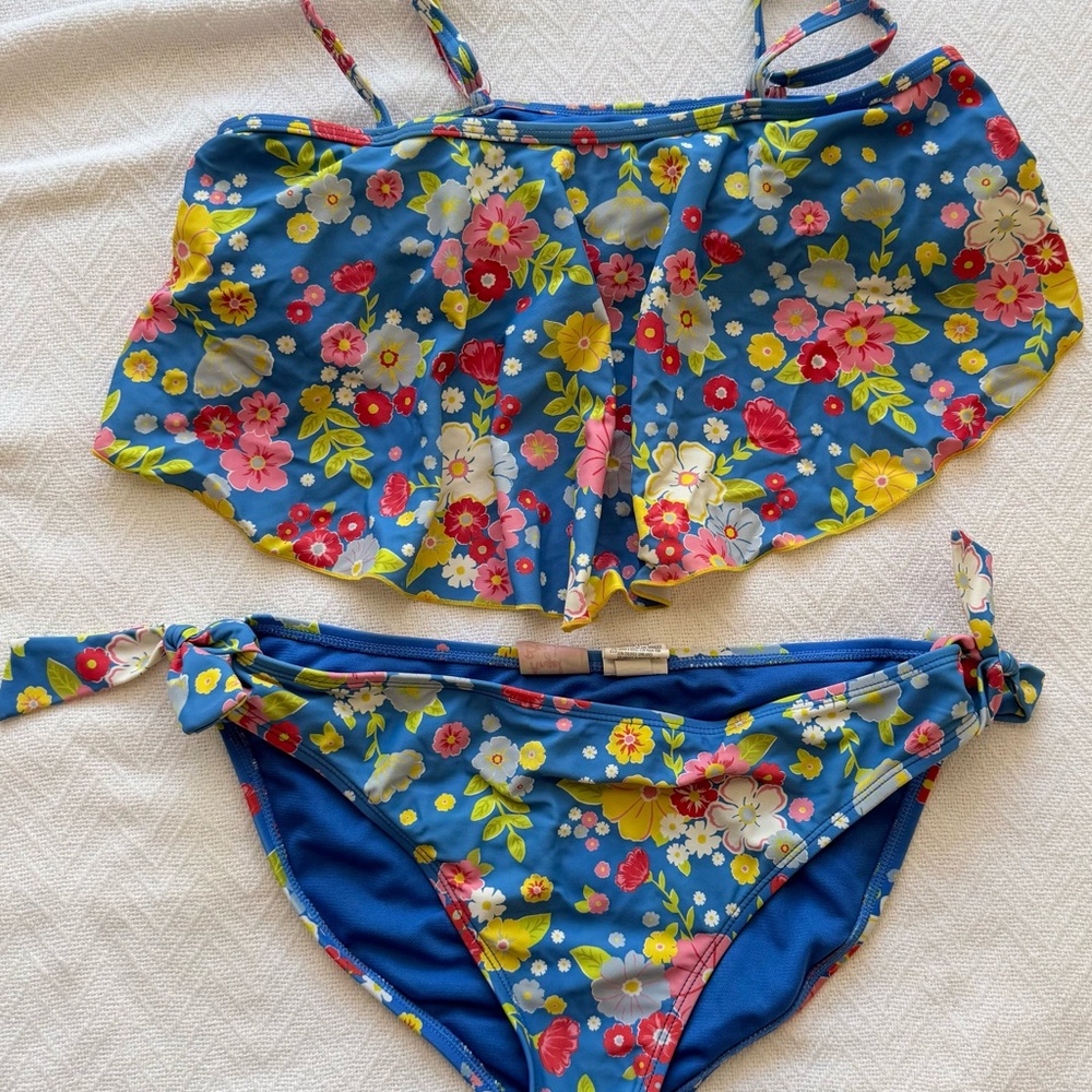 Angel Beach Floral Blue Girls Swim Bikini Size 16